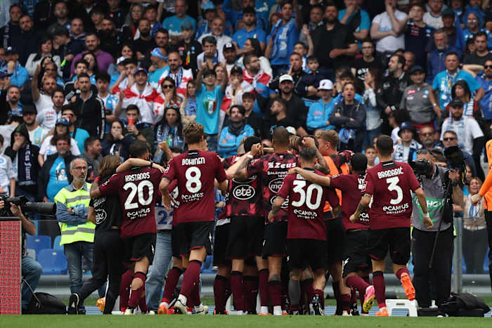 Players from Salernitana pictured celebrating after scoring a late equalizer in a 1-1 draw at Napoli in April 2023